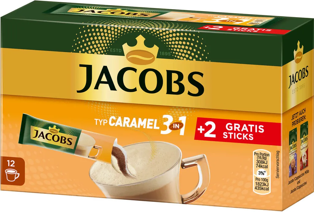 JACOBS Löskaffee 3in1 Typ Caramel Löslicher Kaffee 12 X 10+2 Getränke Sticks 4 JACOBS Löskaffee 3in1 Typ Caramel Löslicher Kaffee 12 X 10+2 Getränke Sticks – Bild 4