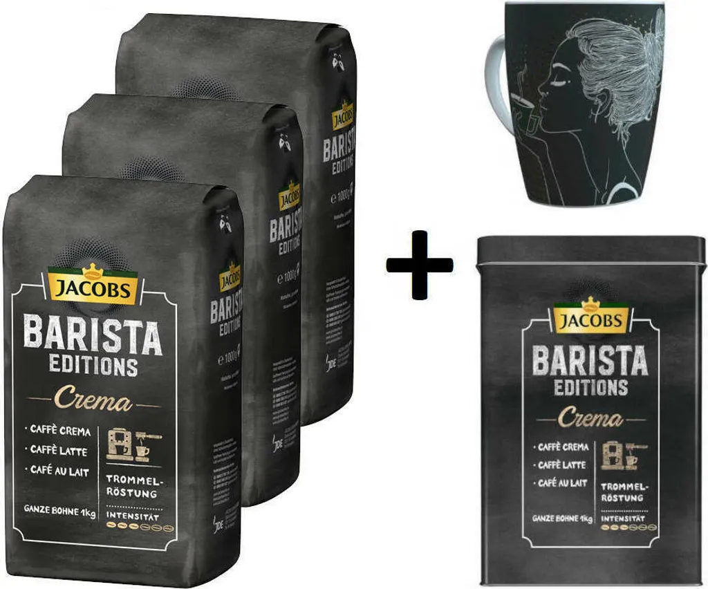 JACOBS Kaffeebohnen Barista Editions Crema 3 Kg Geröstete Bohnen + 1 Jacobs Barista Becher + 1 Dose 1 JACOBS Kaffeebohnen Barista Editions Crema 3 Kg Geröstete Bohnen + 1 Jacobs Barista Becher + 1 Dose