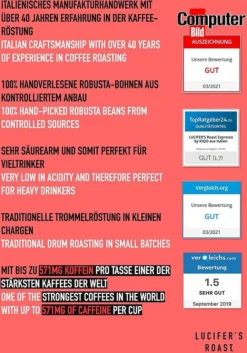 LUCIFER'S ROAST 4x1kg Espresso By KIQO Aus Italien - Starke Kaffeebohnen Für Kaffeevollautomaten Und Siebträger - Säurearm - 100% Robusta (ganze Bohnen, 4x1kg) -Espresso Store 3ed059e3d41ec896fbad0e2ae121586b