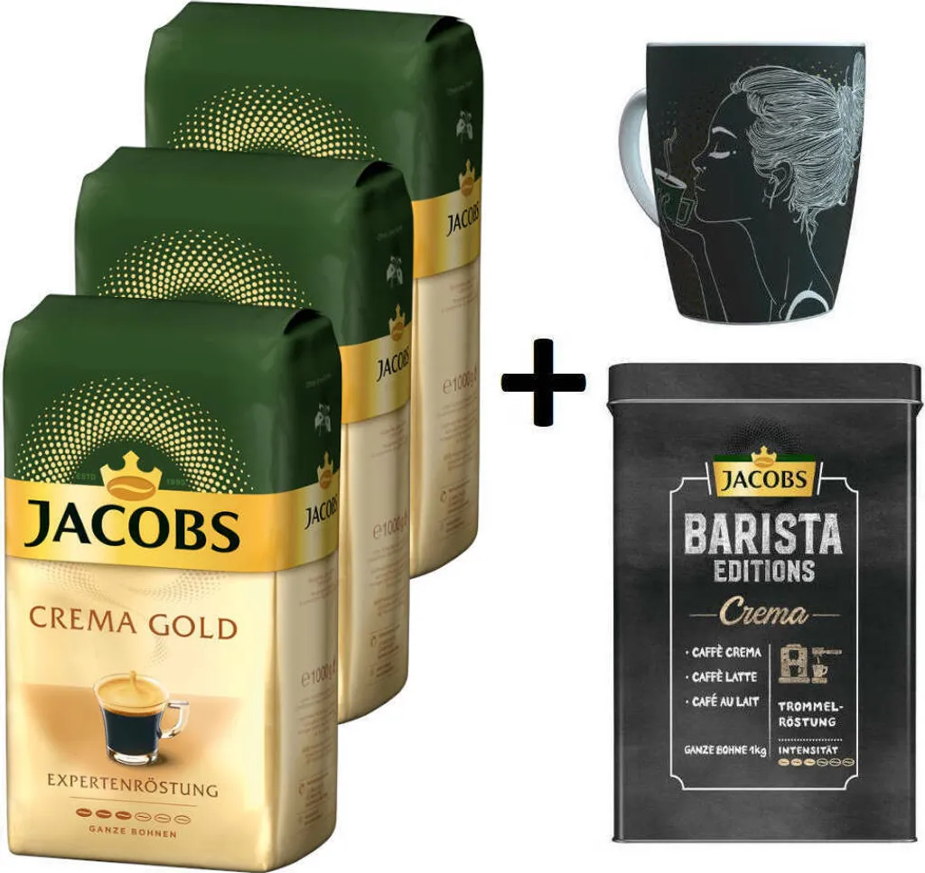 JACOBS Kaffeebohnen Expertenröstung Crema Gold 3 Kg Geröstete Bohnen+ 1 Jacobs Barista Becher+ 1 Dose 1 JACOBS Kaffeebohnen Expertenröstung Crema Gold 3 Kg Geröstete Bohnen+ 1 Jacobs Barista Becher+ 1 Dose