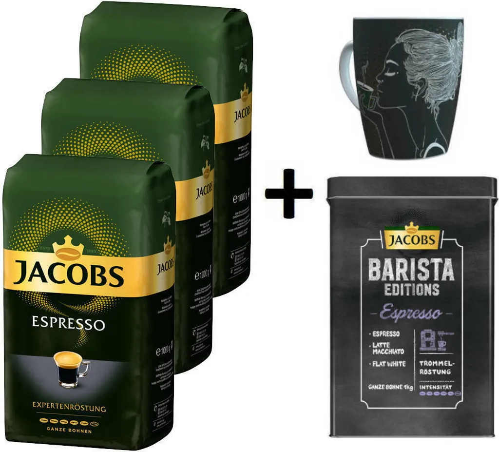 JACOBS Kaffeebohnen Expertenröstung Espresso 3 Kg Ganze Espressobohnen + 1 Jacobs Barista Becher + 1 Dose 1 JACOBS Kaffeebohnen Expertenröstung Espresso 3 Kg Ganze Espressobohnen + 1 Jacobs Barista Becher + 1 Dose