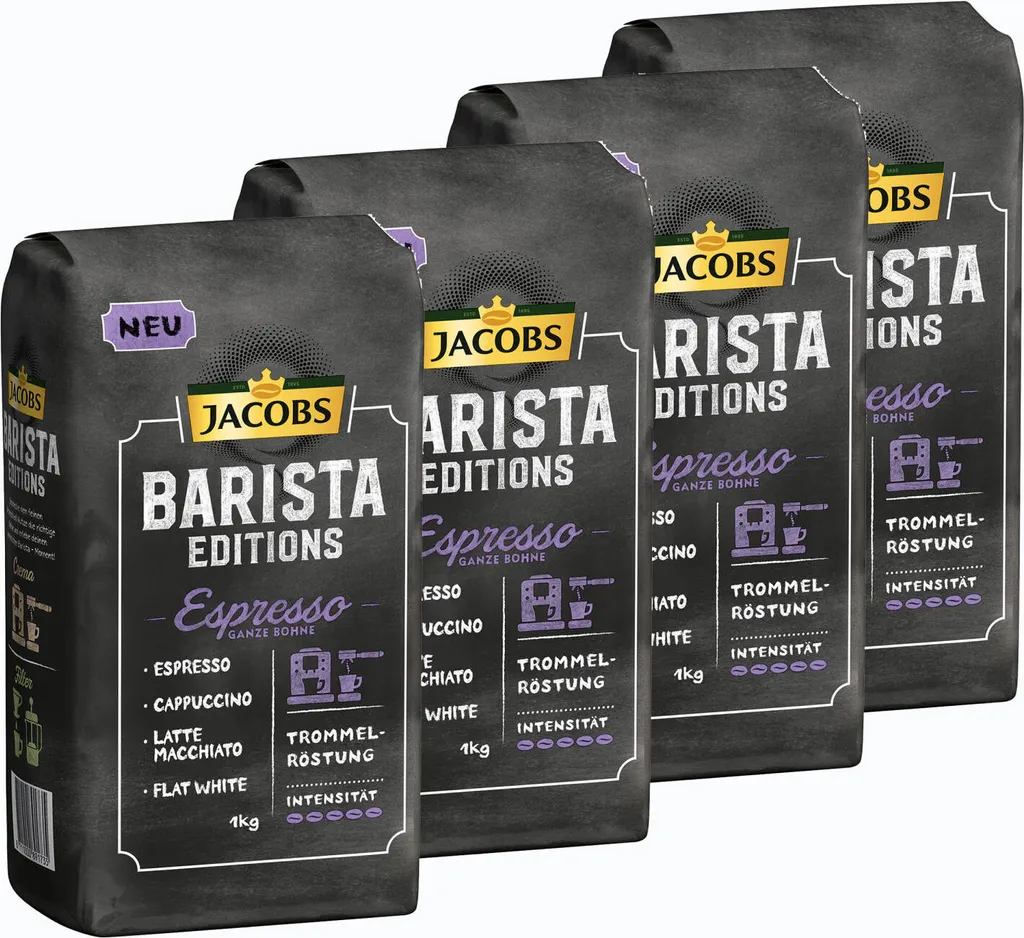 Jacobs Barista Editions Espresso, Bohnenkaffee, Ganze Bohnen, Röstkaffee, Kaffeebohnen, 4 X 1000 G 1 Jacobs Barista Editions Espresso, Bohnenkaffee, Ganze Bohnen, Röstkaffee, Kaffeebohnen, 4 X 1000 G