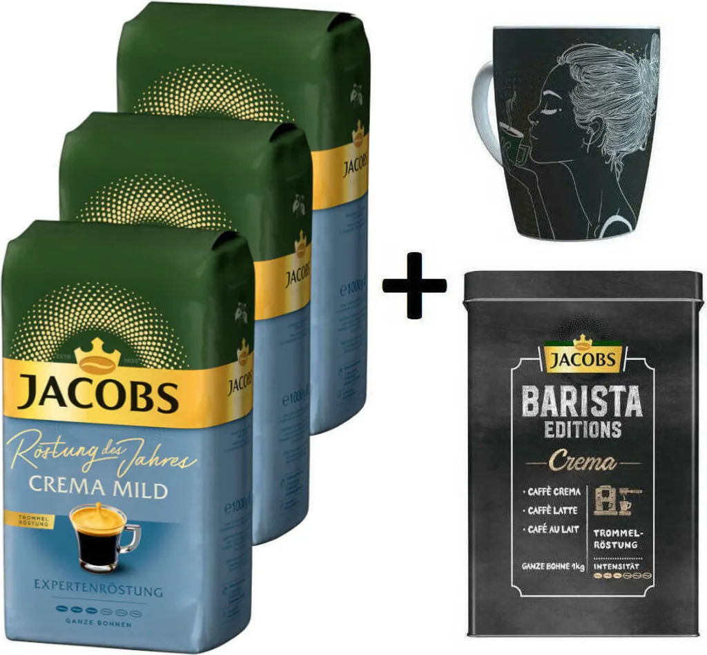 JACOBS Kaffeebohnen Expertenröstung Crema Mild Röstung Des Jahres 3 Kg Ganze Geröstete Bohnen + 1 Jacobs Barista Becher+ 1 Dose 1 JACOBS Kaffeebohnen Expertenröstung Crema Mild Röstung Des Jahres 3 Kg Ganze Geröstete Bohnen + 1 Jacobs Barista Becher+ 1 Dose
