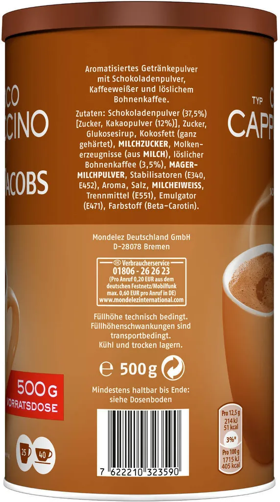JACOBS Typ Choco Cappuccino 6 X 500 G Cappuccinopulver Löslich 6 Dosen 1 JACOBS Typ Choco Cappuccino 6 X 500 G Cappuccinopulver Löslich 6 Dosen
