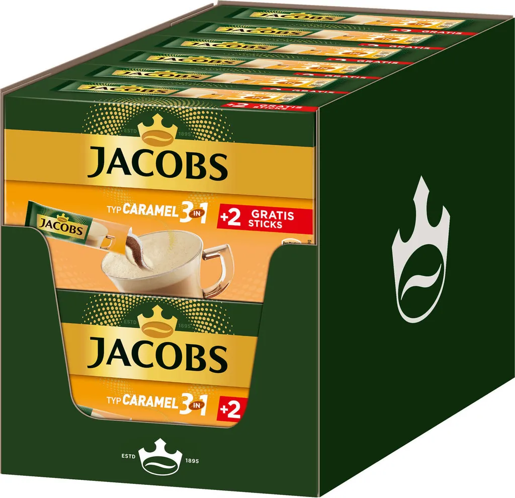 JACOBS Löskaffee 3in1 Typ Caramel Löslicher Kaffee 12 X 10+2 Getränke Sticks 1 JACOBS Löskaffee 3in1 Typ Caramel Löslicher Kaffee 12 X 10+2 Getränke Sticks
