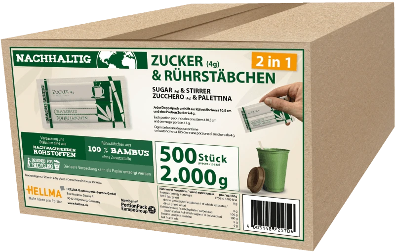 Hellma Zucker & Rührstäbchen 2in1 Nachhaltig 500 Stück 2 Hellma Zucker & Rührstäbchen 2in1 Nachhaltig 500 Stück – Bild 2